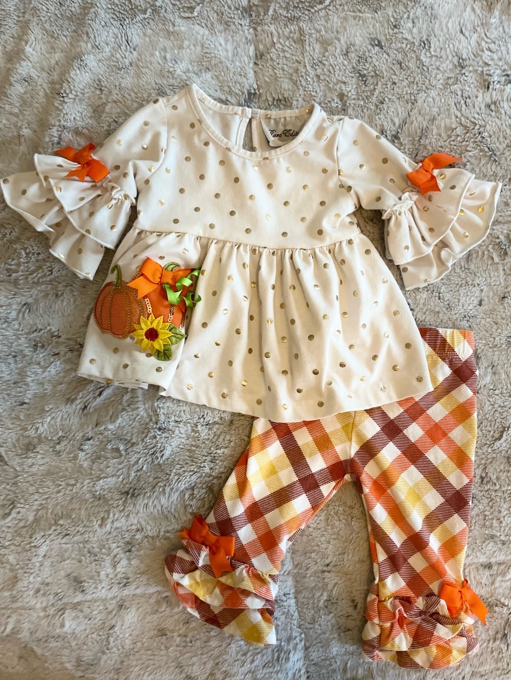 Girls Cream & Orange Pumpkin Peasant Top with Plaid Ruffle Pants